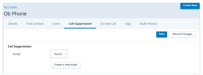 Screenshot of call suppression script creation in CXone skill