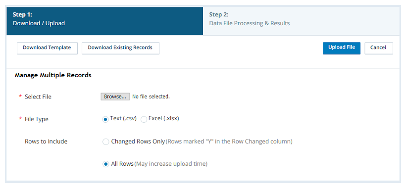 Screen capture of the manage multiple call suppression records upload page