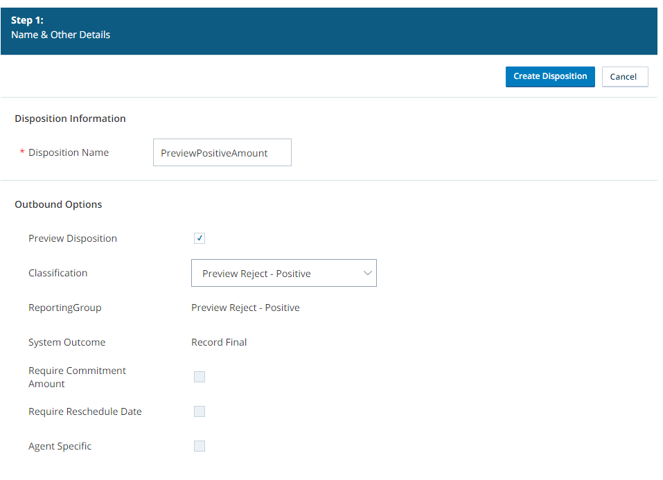 New disposition form with preview disposition selected