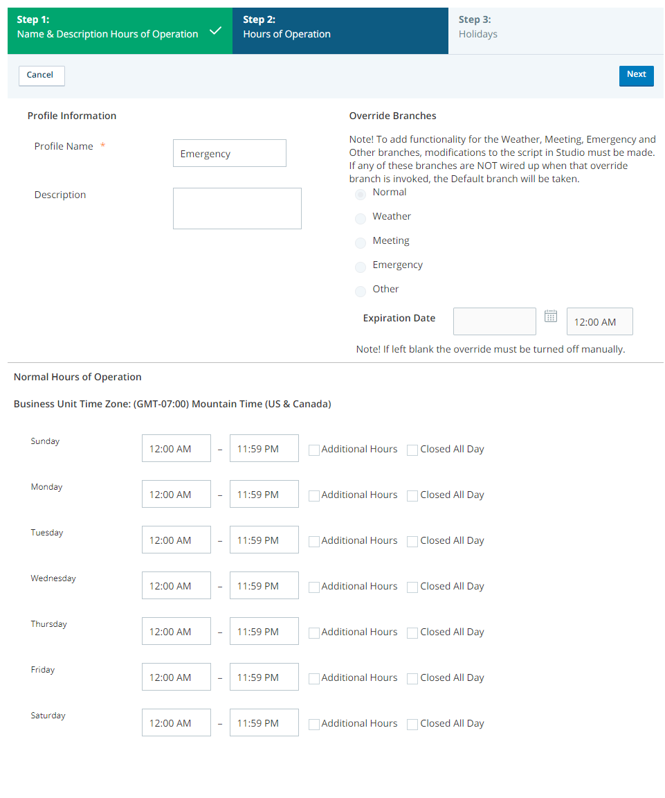 Image of hours of operation wizard in CXone