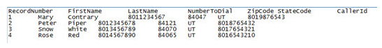 A tab-delimited calling list showing record number, first and last name, phone number, zip code, state, and caller ID.
