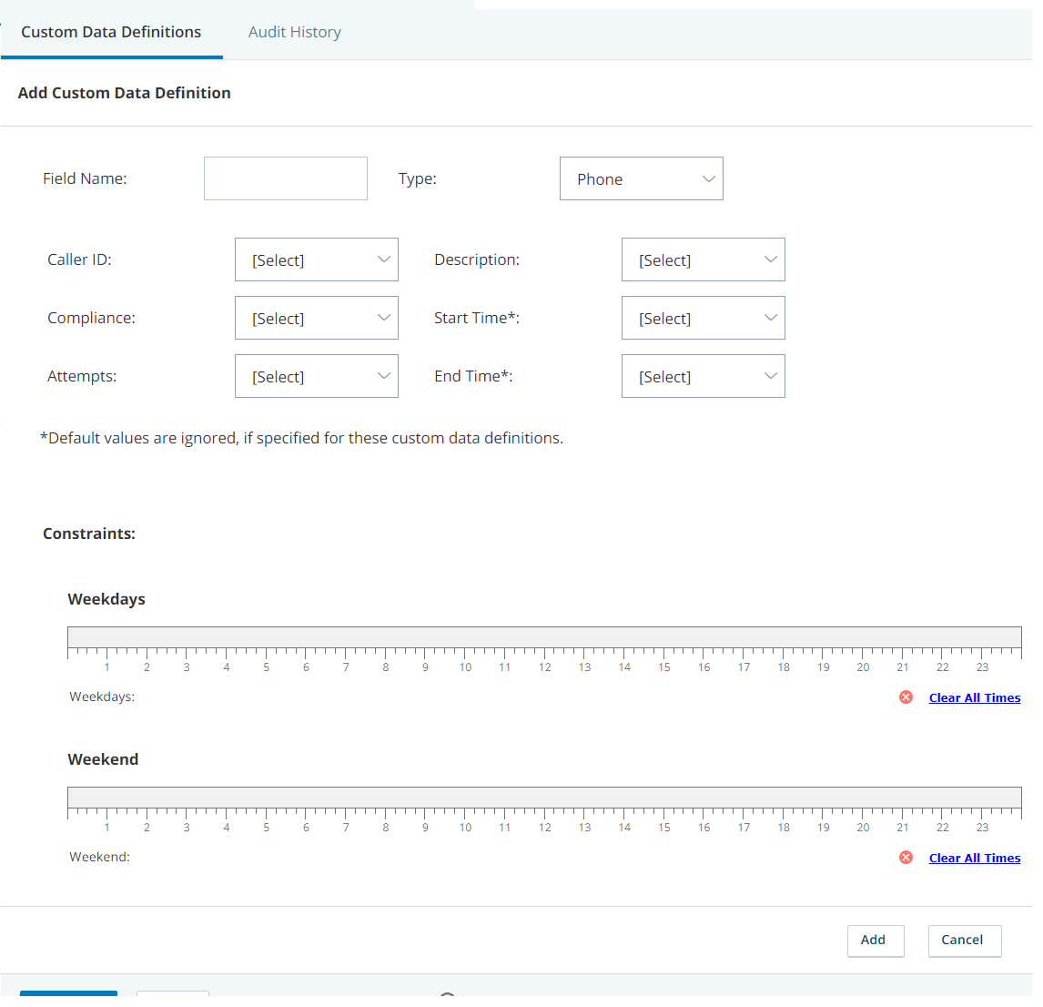 Screenshot of a phone type custom field creation form