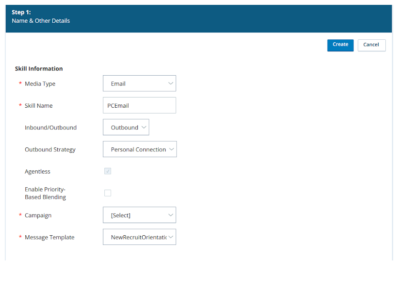 Screenshot of the settings for a Personal Connection email skill in Central