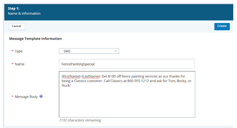 Screenshot of the Create Message Template page