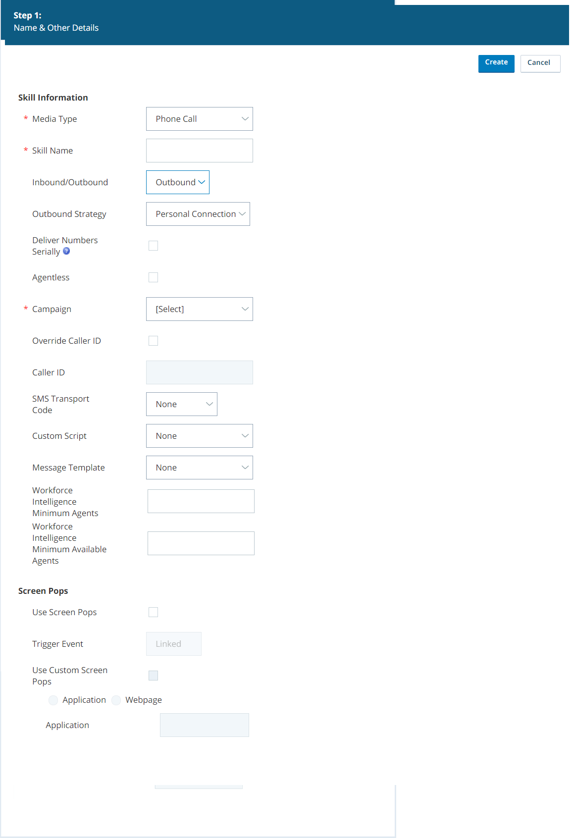 Screen capture of the CXone skill creation wizard with Personal Connection voice settings configured