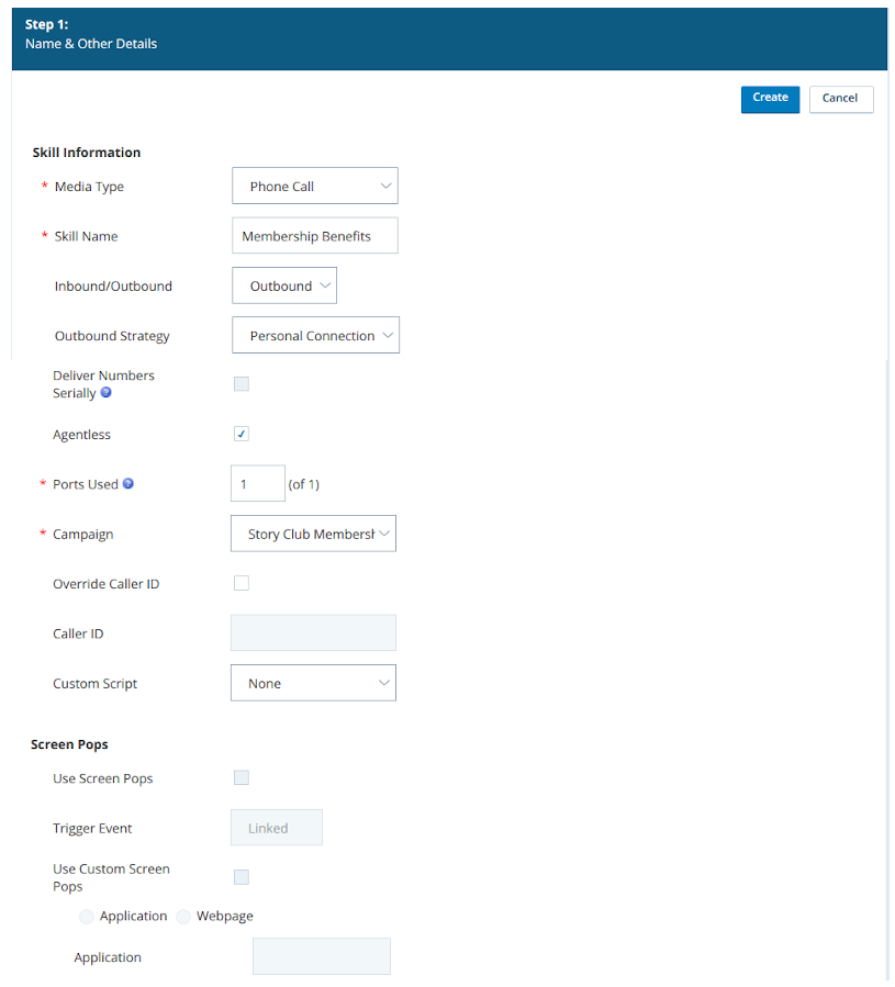 Screenshot of the CXone skill creation wizard with settings for an agentless PC skill