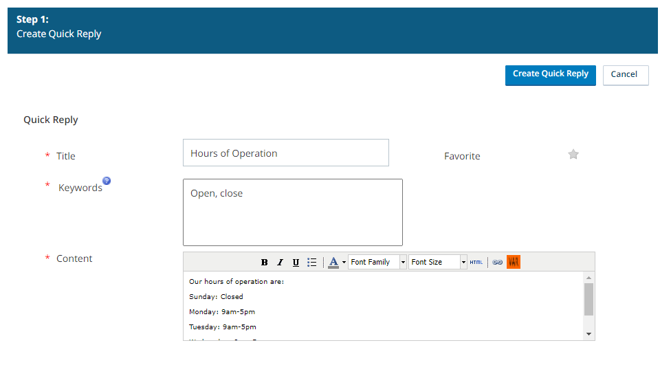 Image of the quick reply creation page