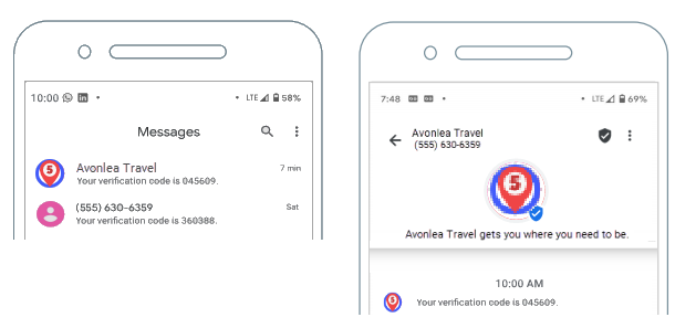 An example of nonverified and verified text messages in the list of received messages in an SMS app.