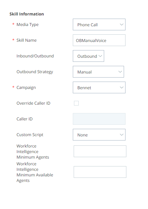 Image of the CXone skill creation page configured for manual outbound voice
