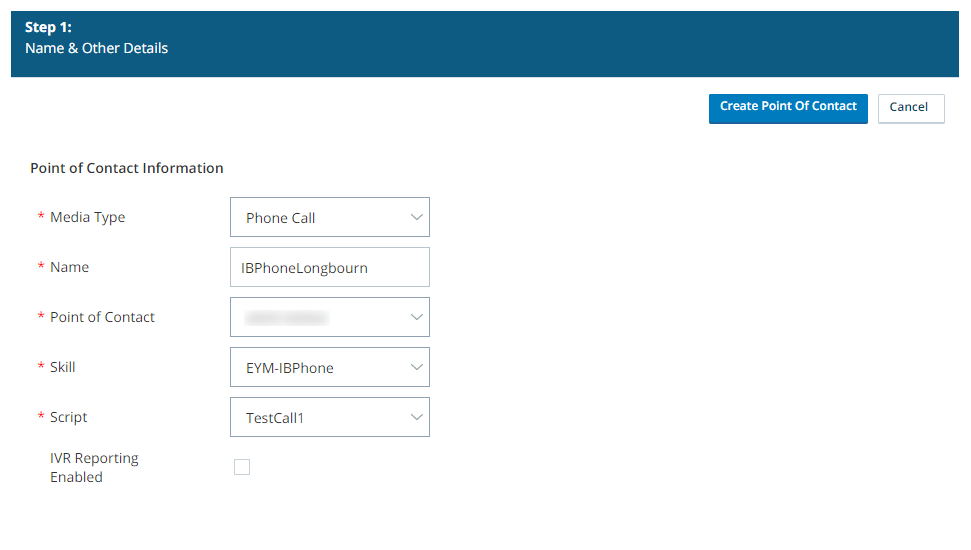 Image of the CXone point of contact creation page