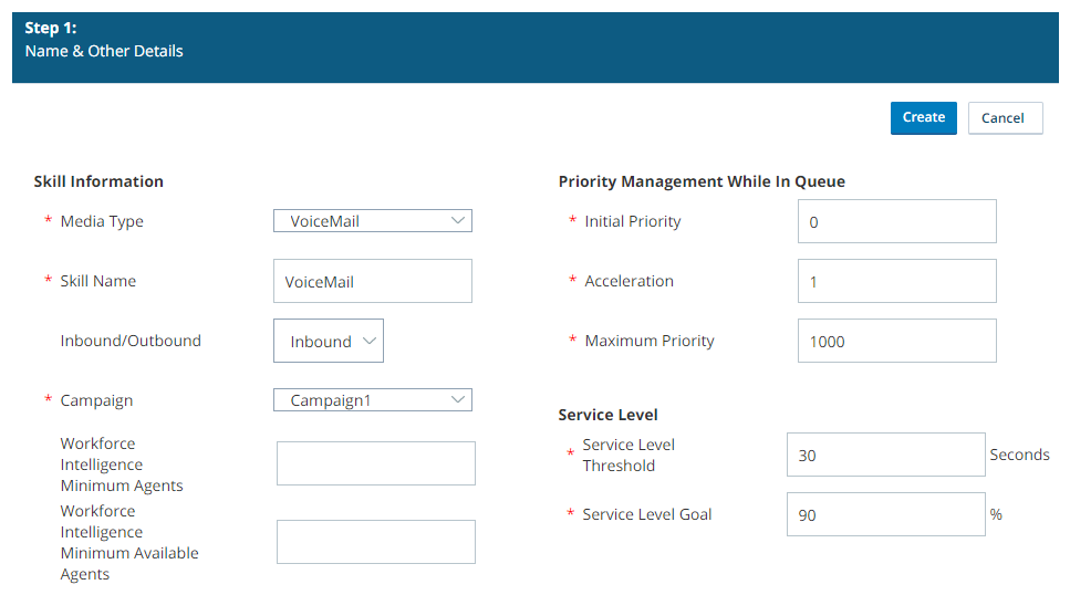 Screenshot of the ACD skill creation wizard with voicemail settings.