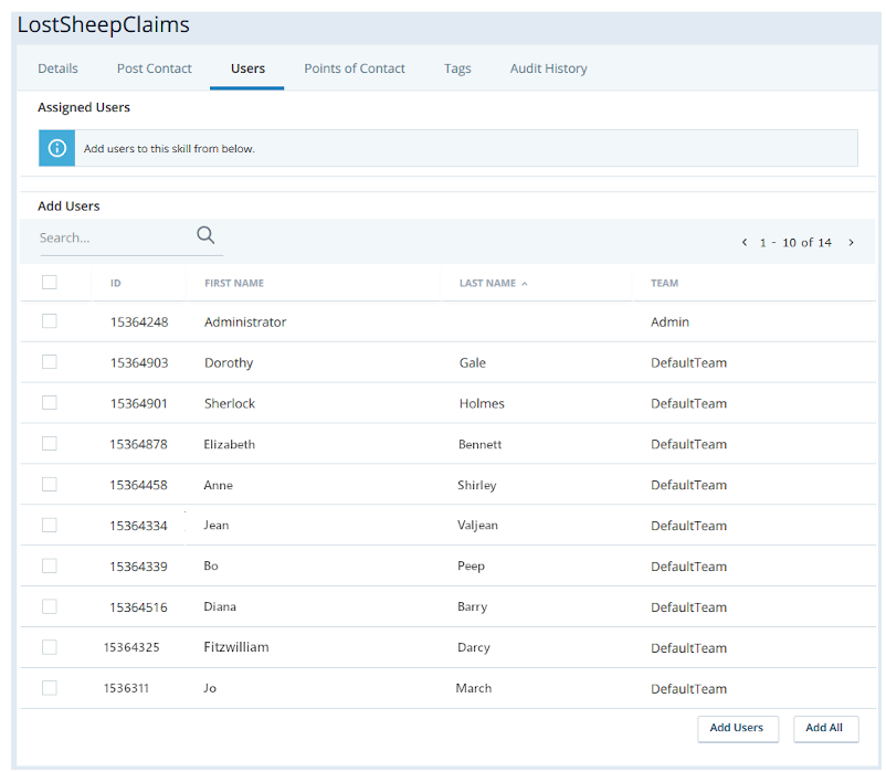 Screenshot of the Users tab, where you can add users to an ACD skill.