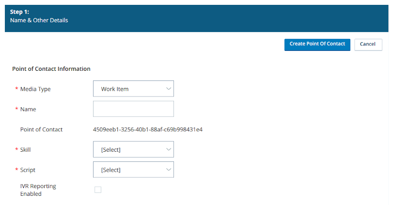 Screenshot of the page to create a work item point of contact.