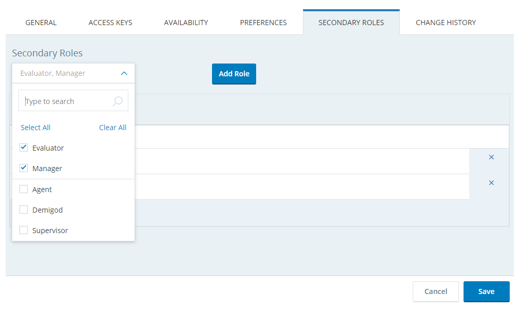 Employee profile Secondary Roles tab