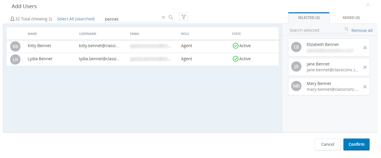 A screen capture of selected users in the Selected section of a group Add Users page.
