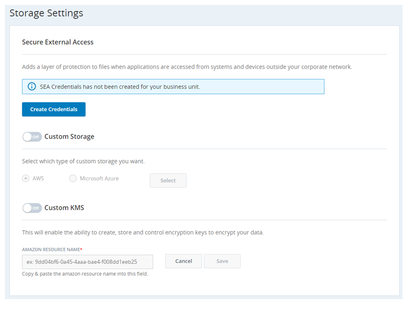 Screenshot of the Storage Settings page, where Secure External Access (SEA) credentials can be set.