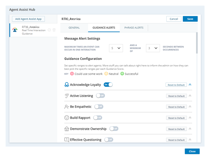 The Guidance Alerts tab showing the behaviors you can choose to monitor, with the Acknowledge Loyalty behavior turned on. 