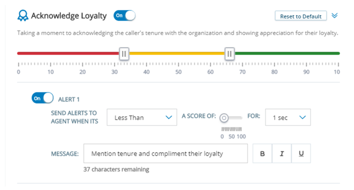 Configurable settings for behaviors, with Acknowledge Loyalty as example