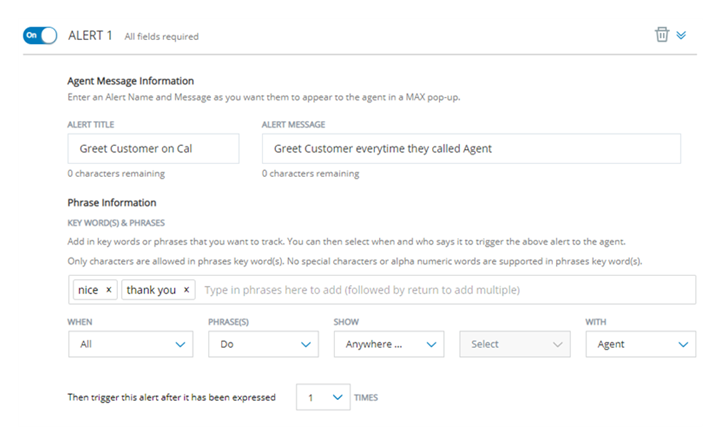 Configurable settings for phrase alerts, showing Alert 1 turned on with "nice" and "thank you" as the keywords for the "Greet Customer on Call" alert. 