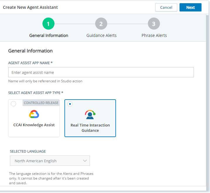 Create New Agent Assistant screen, with Real Time Interaction Guidance selected. 