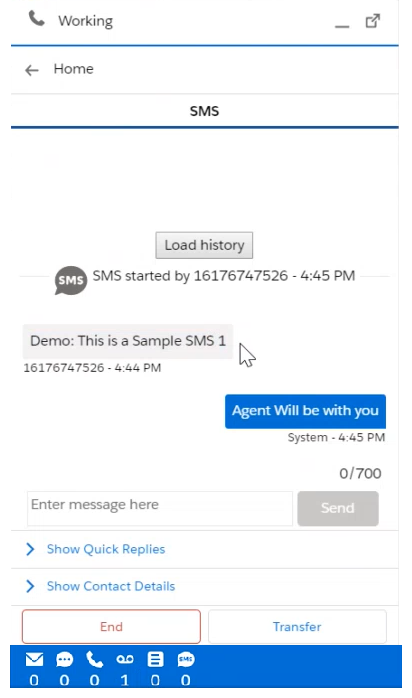 SMS Workspace in Salesforce Lightning Agent
