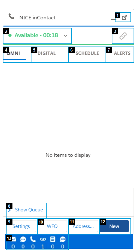 The user interface of the fully integrated Lightning version of Agent for Salesforce, with numbers that correspond to items in the following table to explain each part of the screen.