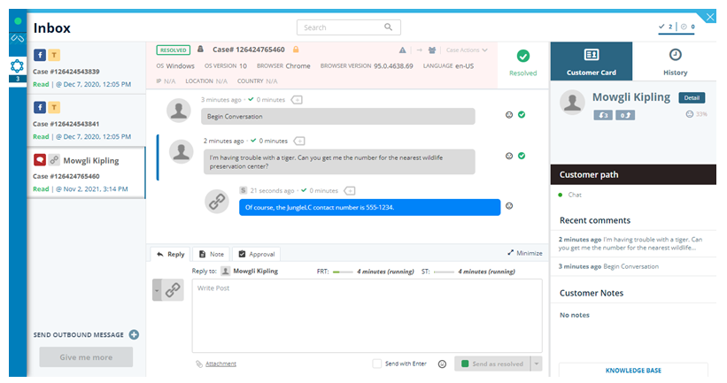 The MAX digital inbox, showing the workspace header, active case details, case handling options, customer/history tab, and knowledge base.