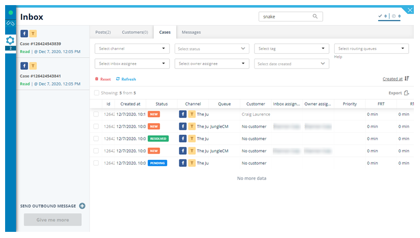 The Search tab in the digital workspace in MAX, showing the subtab where you can search for Cases. 