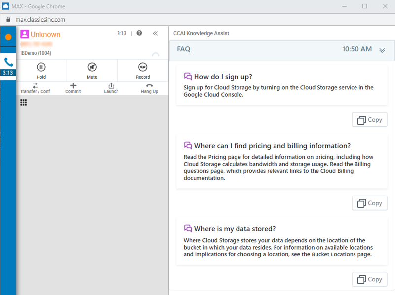 An example of an agent assistant offering help during a voice interaction in the form of FAQ answers. 