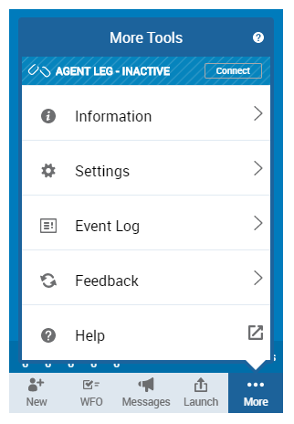 Image of top-level options in the Settings page popup.