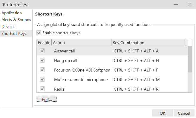 Image of the Shortcut Keys tab of the Preferences window.