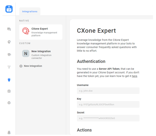 Screenshot of the page to add Native or Custom API Integrations into CXone Bot Builder.