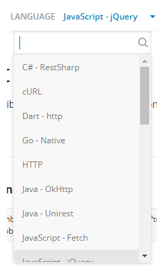 Screenshot of the Language selector drop-down in the Bot Builder API documentation.