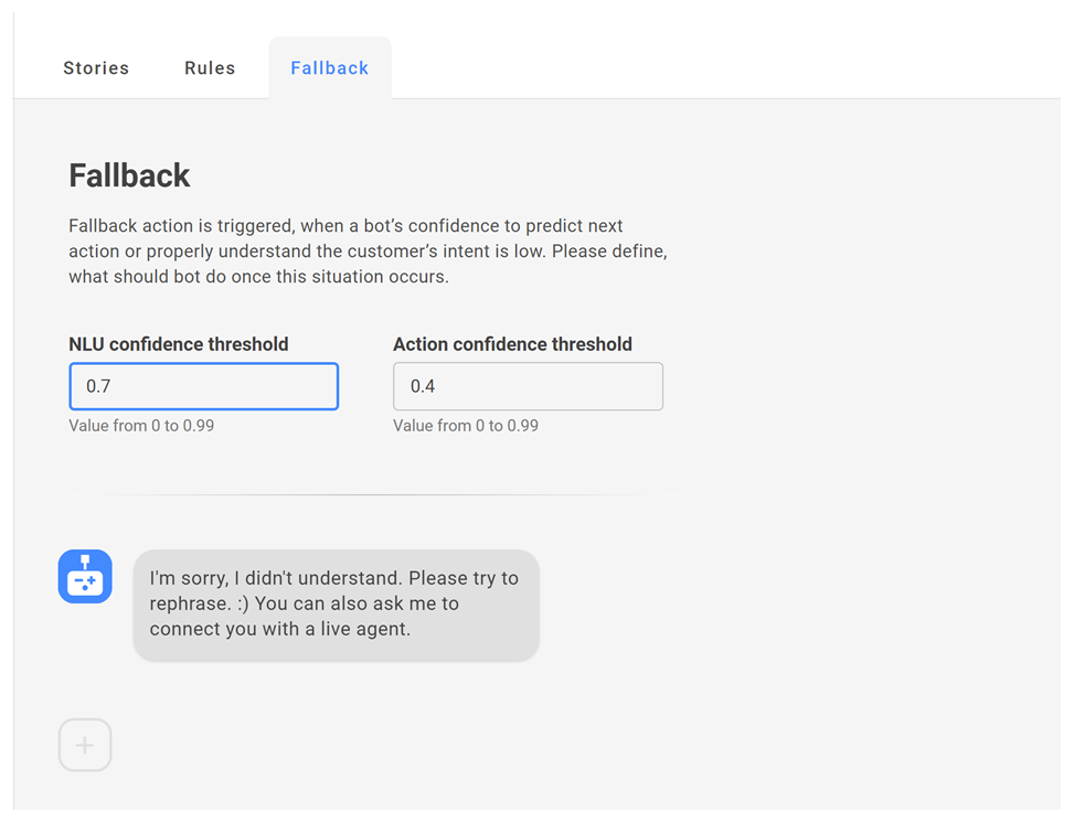 Screenshot showing fallback design with a custom bot message