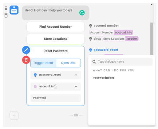 Screenshot of the menu that displays when you click an intent next to a message.