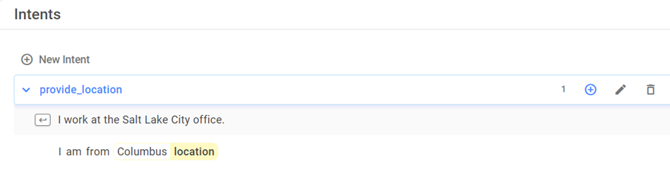Screenshot showing entry of an intent with two examples