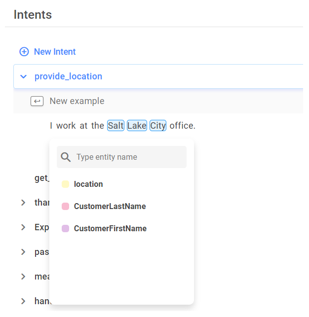 Screenshot showing entry of an intent with two examples