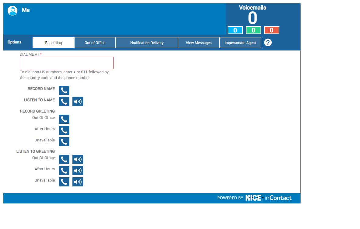 The Recording tab in CXone Attendant, where you can record or listen to your voicemail name and greeting. 
