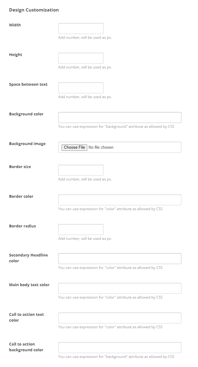 The Design Considerations section of the Chat Popup customization process, where you can configure custom colors, images, borders, and so on for your custom chat pop-up. 
