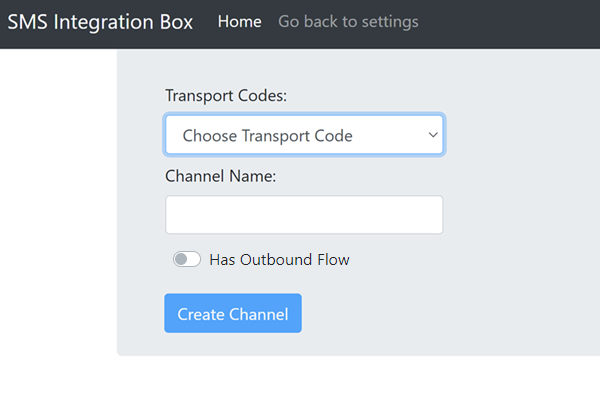The Add SMS page, showing the fields to select the transport code for this channel, give the channel a name, and select if the channel sends outbound messages. 