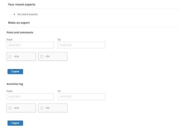 The page in the Digital First Omnichannel admin portal where you can export data to a file.