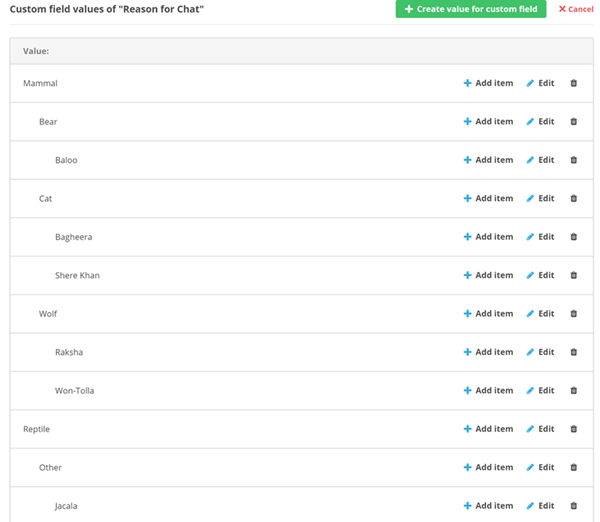 The page showing the values assigned to a custom-created field.