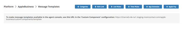 The Message Templates page showing the template settings URL that you need when creating a custom component. 