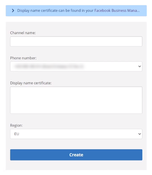 Screenshot of fields required to create a WhatsApp channel