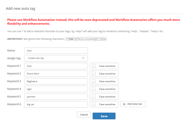 The tags page, where you can create new tags for use in Digital First Omnichannel