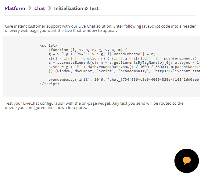 The Initialize & Test page, showing the chat bubble in the lower right corner, which you can use to test your channel.