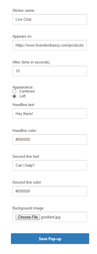The page where you can configure what the chat messaging popup window looks like.