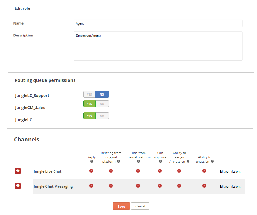The Edit Role page, showing the Routing Queue permission and Channels permissions.