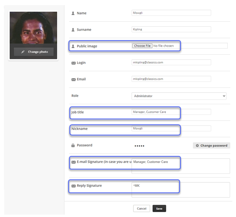 The user profile page in Digital First Omnichannel, with the fields you can modify in Digital First Omnichannel highlighted. Those fields are: Public Image, Job Title, Nickname, Email Signature, Reply Signature.
