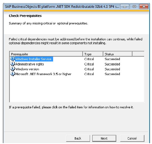 The list of prerequisites listed in the SAP Business Objections installation wizard: WIndows Installer service, Admin rights, .NET 3.5 or higher, and Windows version.